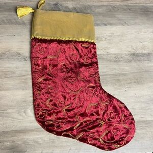 ELEGANT‎ CRANBERRY WINE VELVET CHRISTMAS STOCKING GOLD METALIC CUFF EMBOIDERY